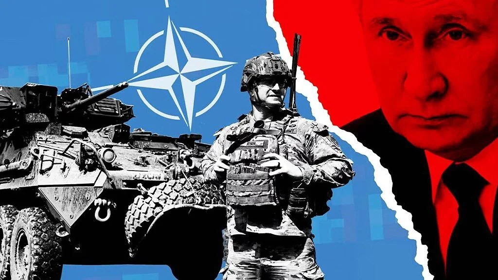 Портрет Путіна проти солдата НАТО з БМП на тлі російських провокацій у Балтії