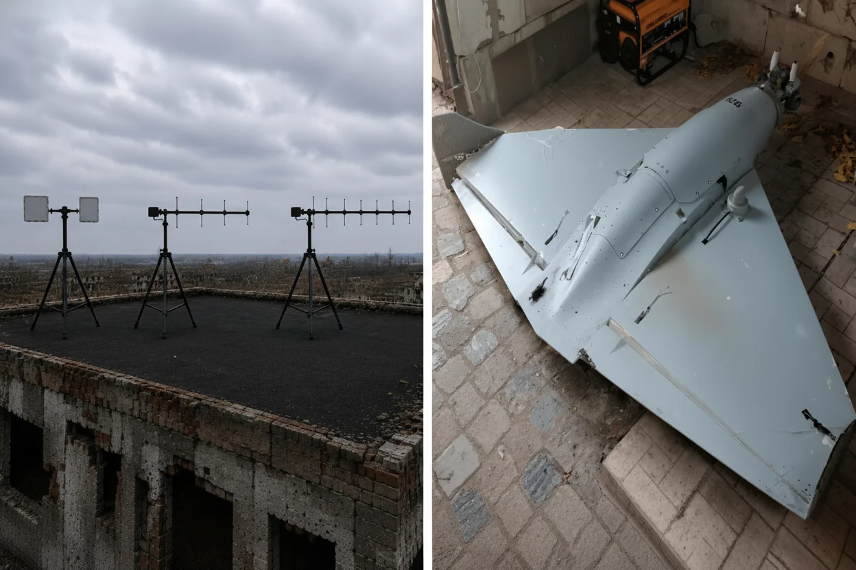 Окупантський дрон БМ-35 у руїнах будівлі поряд з радарами на даху