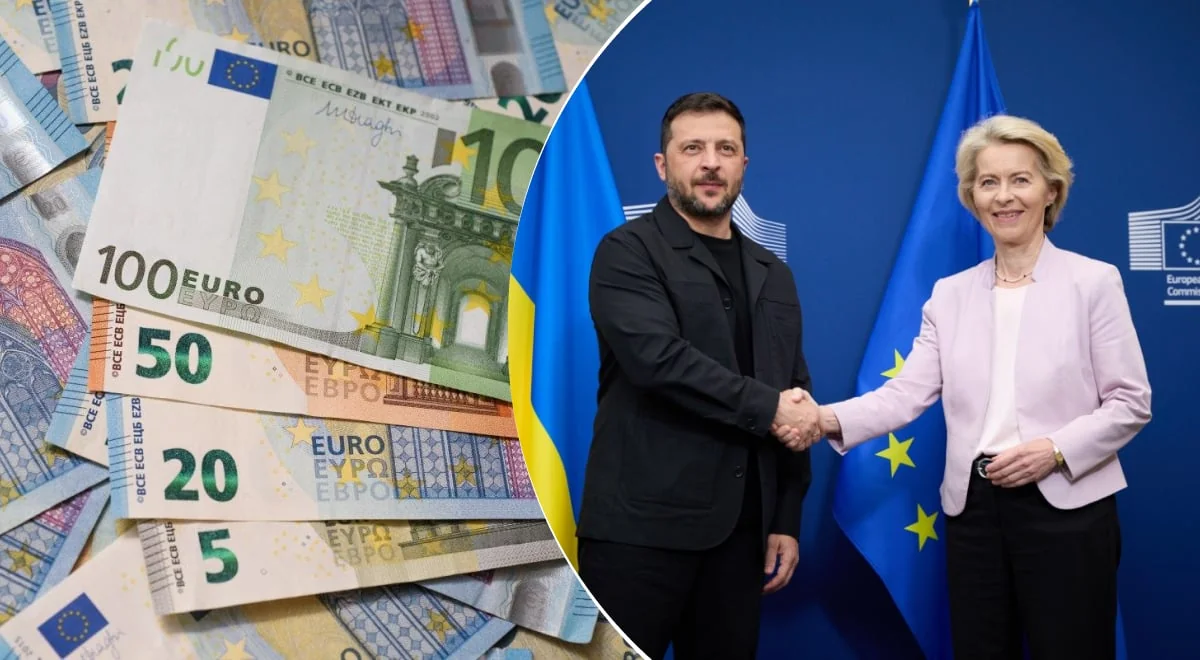 Зеленський і фон дер Ляєн тиснуть руки на тлі банкнот євро та прапорів ЄС і України