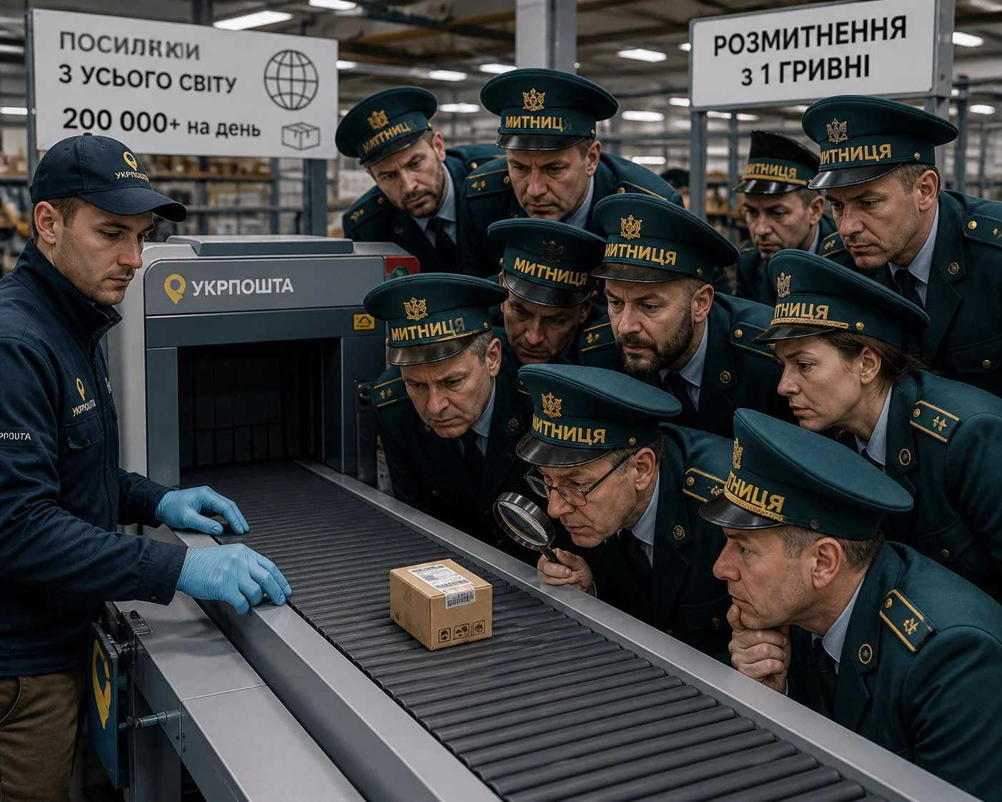 Митники Укрпошти перевіряють іноземну посилку на конвеєрі для оподаткування