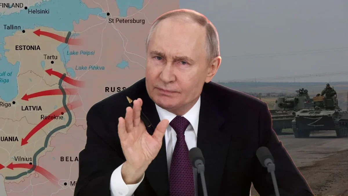 Володимир Путін жестикулює на тлі карти Балтії з наступальними стрілками та російських танків