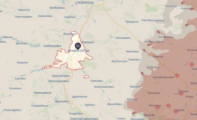 Карта околиць Краматорська з червоним контуром та маркерами позицій росії до 30 травня