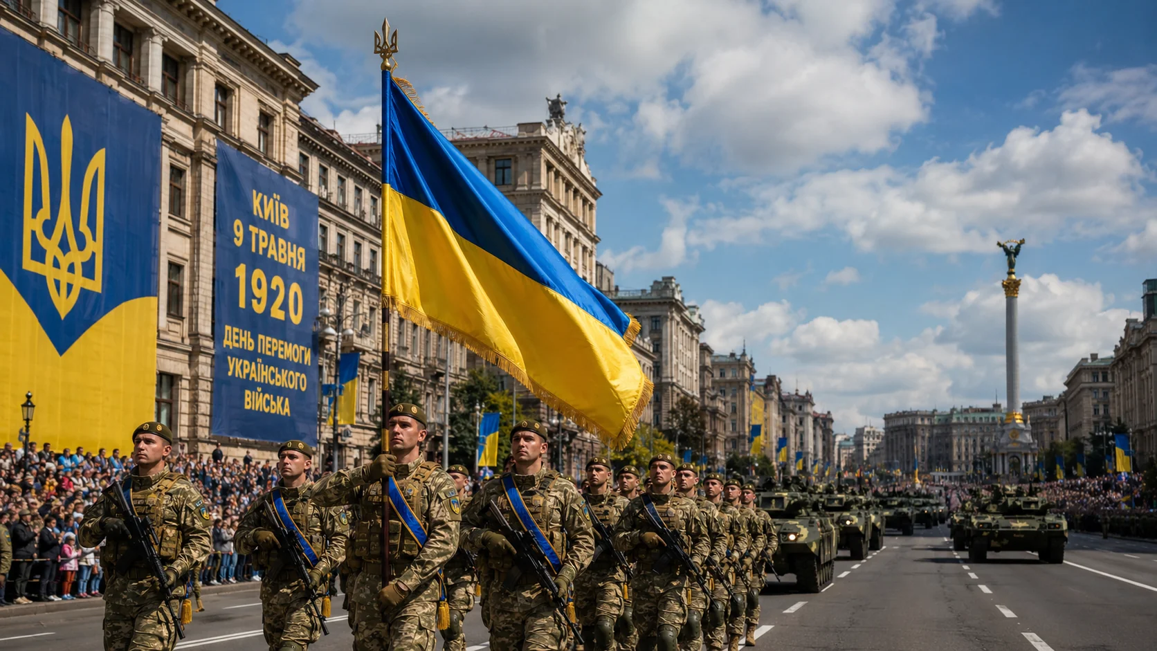 Парад Перемоги ЗСУ на Хрещатику під банерами «Україна Перемоги» та «Хрещатик 1920»