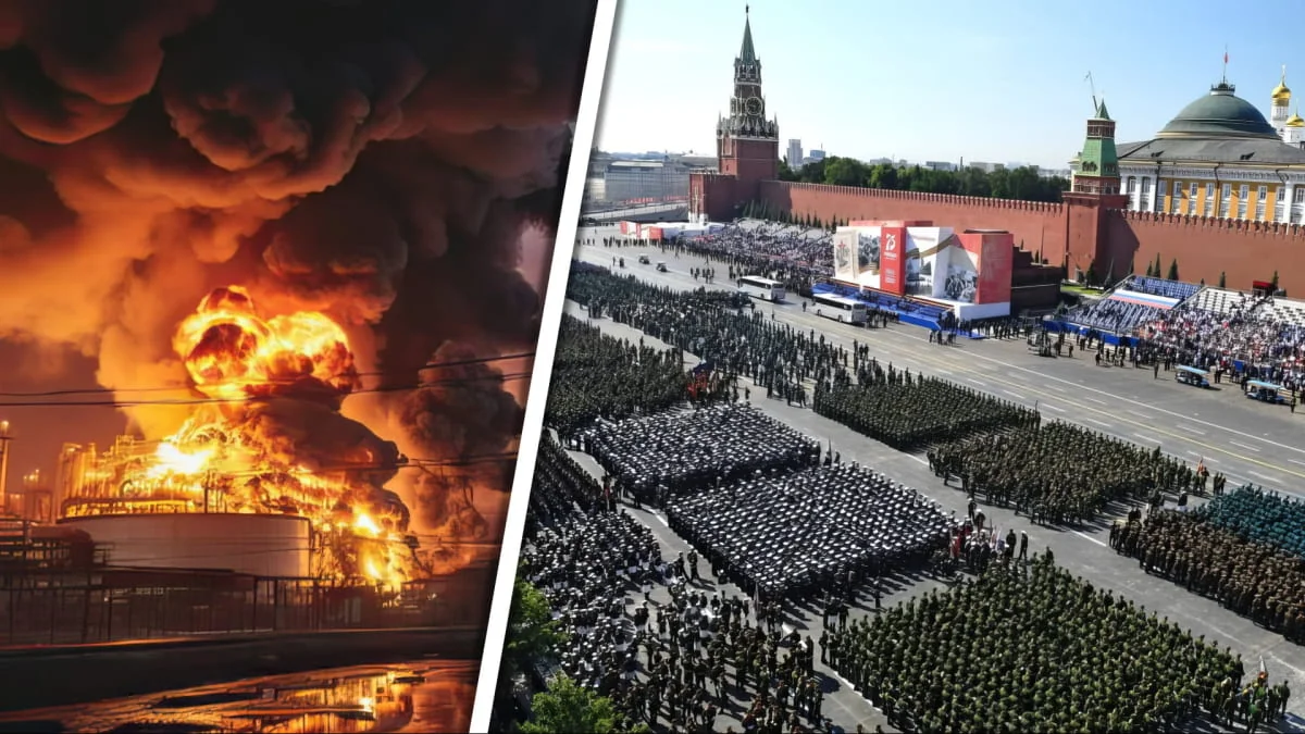 Пожежа від ударів СБУ біля Кремля поряд з жалюгідним московським парадом Перемоги