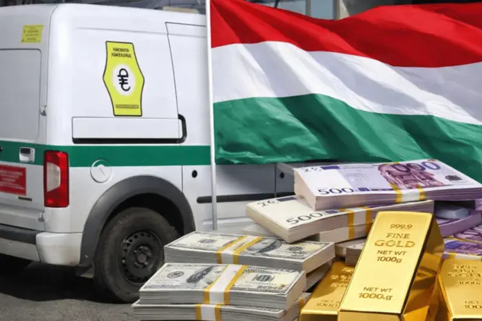 Инкассаторский фургон Ощадбанка с пачками денег и золотом у флага Венгрии