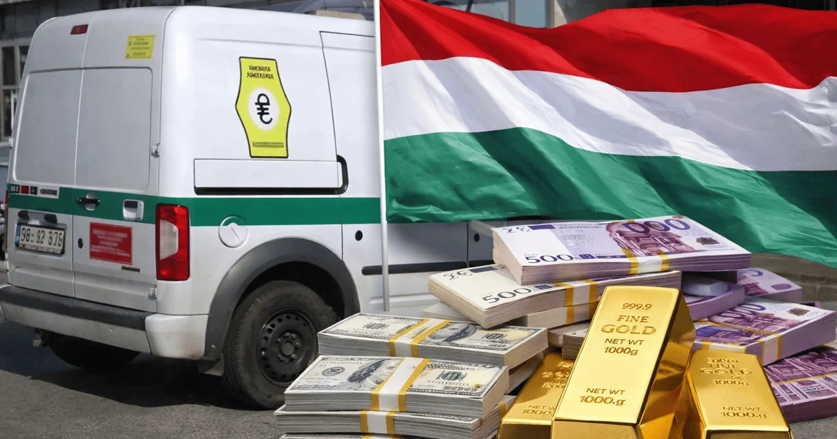 Фургон Ощадбанка с возвращенными средствами, золотом и венгерским флагом