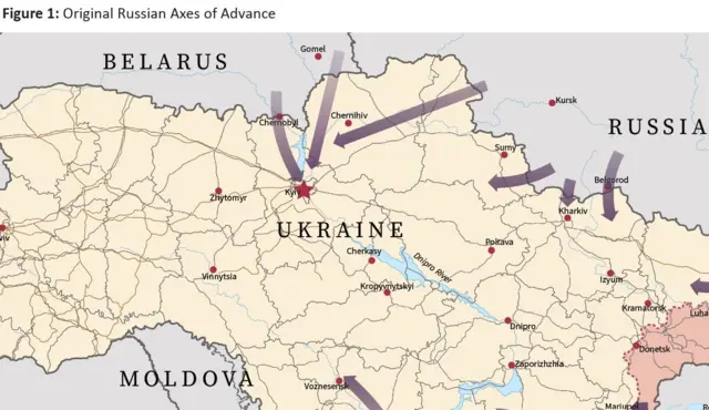 Карта осей наступу російських військ з Білорусі на Київ і Чернігів