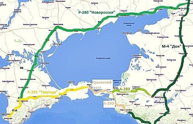Мапа траси Р-280 «Новоросія» — сухопутного мосту до Криму