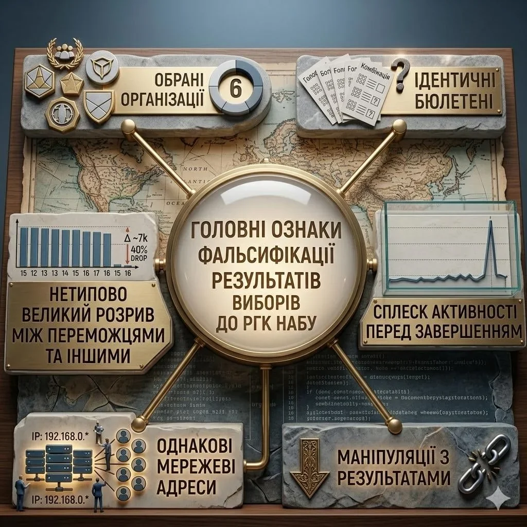 Інфографіка ознак фальсифікації результатів виборів до РГК НАБУ