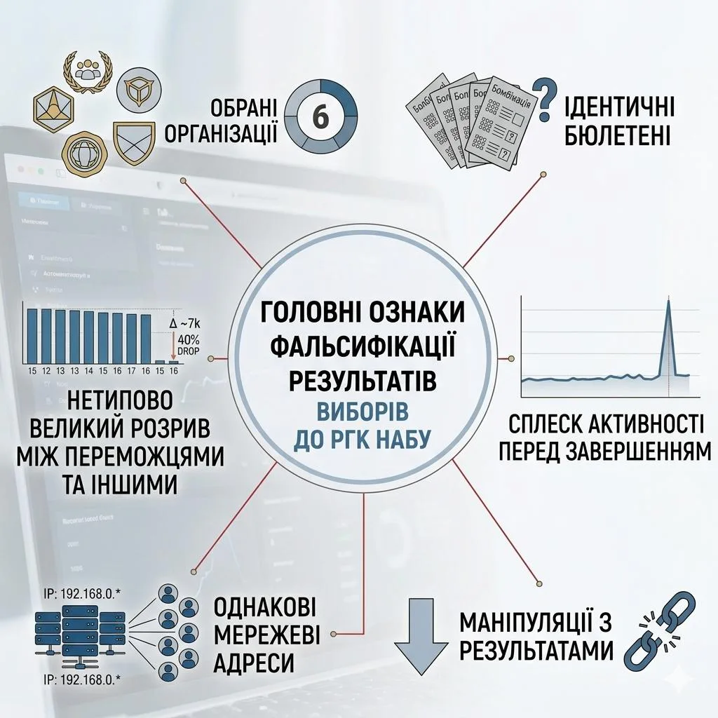 Інфографіка ознак фальсифікації результатів виборів до РГК НАБУ