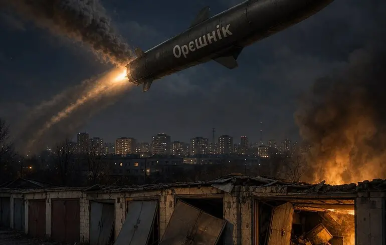 Балістична ракета «Орєшнік» у польоті над зруйнованим містом вночі