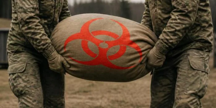 Військові переносять мішок із символом біозагрози сибірської виразки