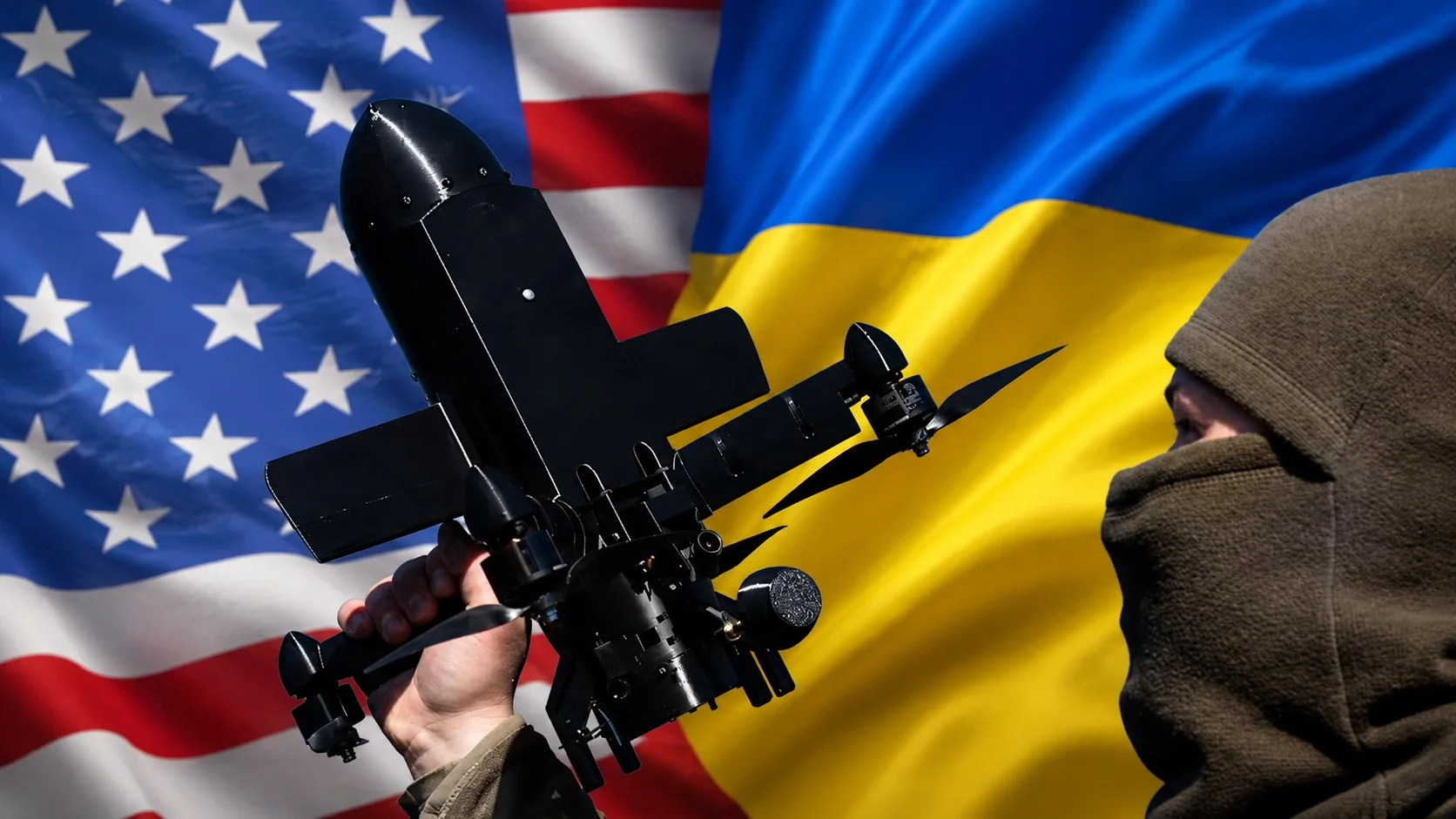 Військовий тримає бойовий дрон на тлі прапорів США та України