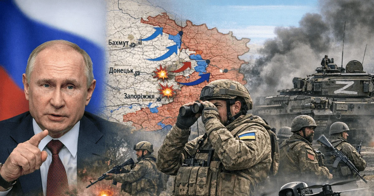 Путін на тлі мапи Запорізької області та українських військових у бою