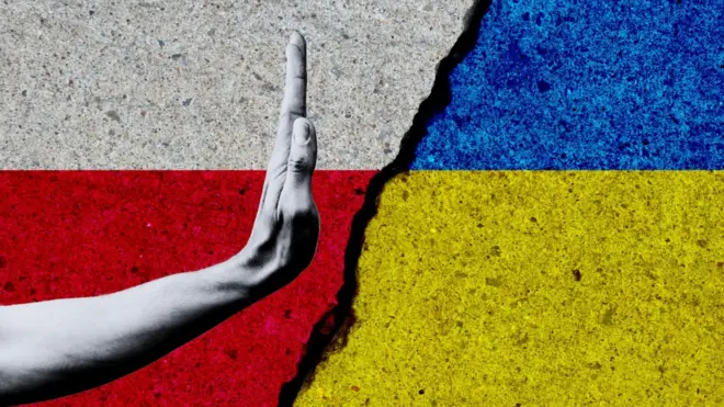 Рука з жестом стопу між прапорами Польщі та України символізує відмову в притулку