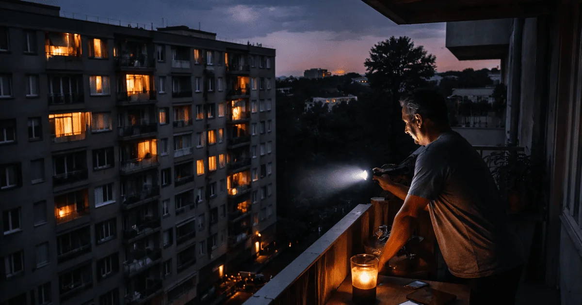 Чоловік на балконі з ліхтариком під час відключення світла в Україні