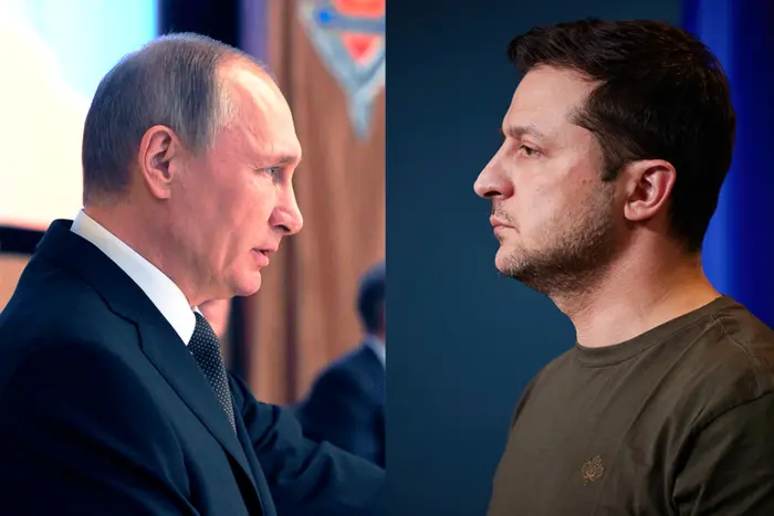 Владимир Путин и Владимир Зеленский в профиль лицом друг к другу