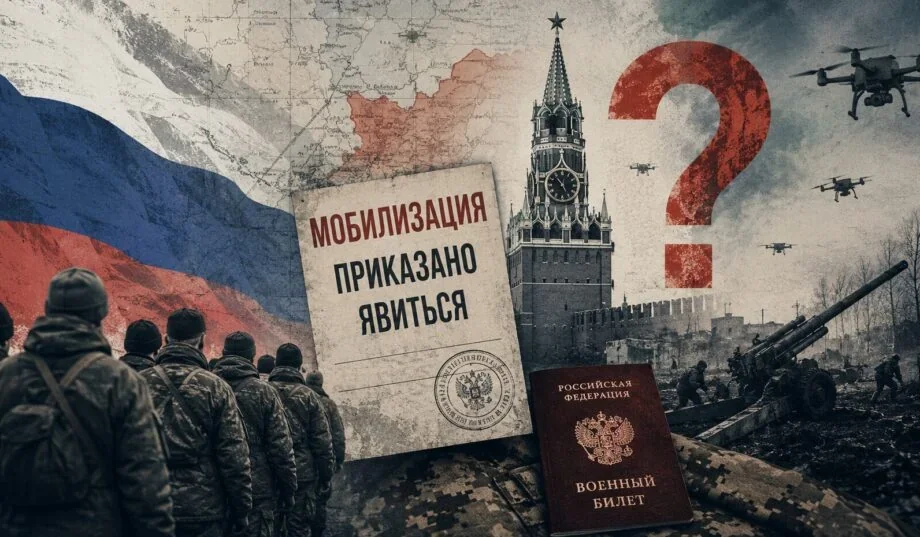 Російські солдати на тлі Кремля з указом про мобілізацію та воєнним квитком РФ